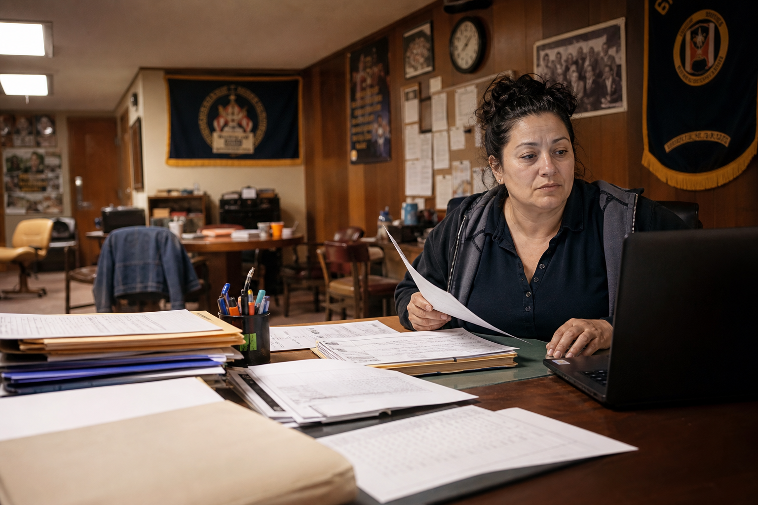 Woman at a cluttered union hall desk reviewing papers and a laptop