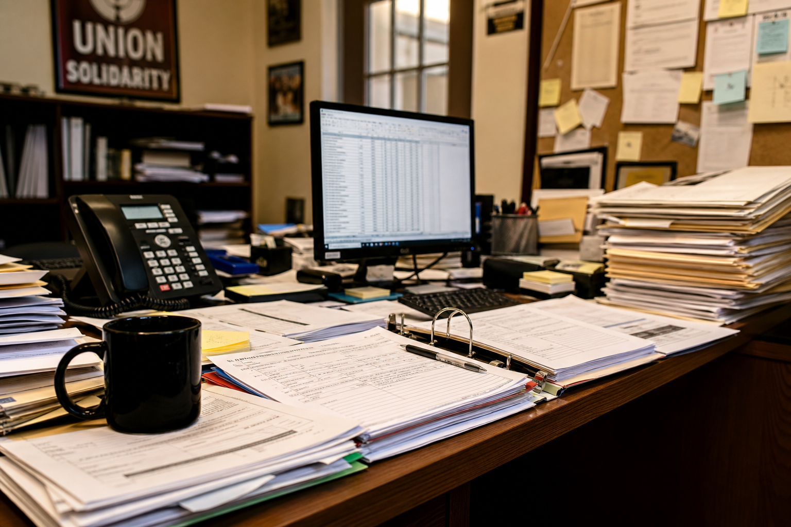 Cluttered union hall administrator's desk covered in paper forms, binders, and a phone
