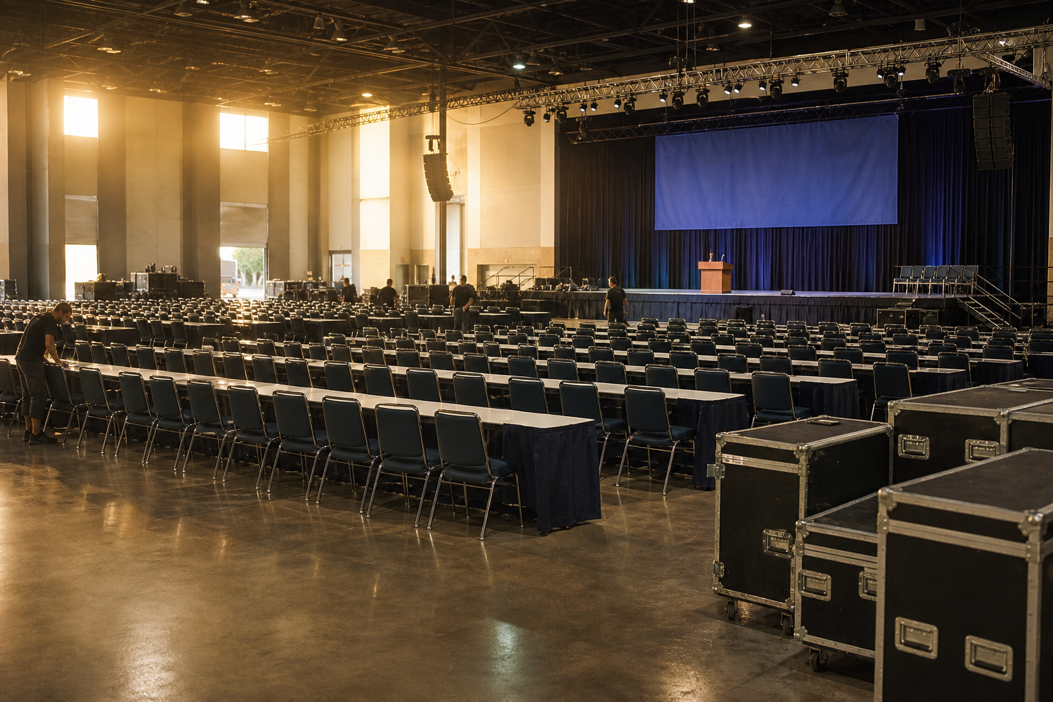Empty union convention hall being set up before delegates arrive