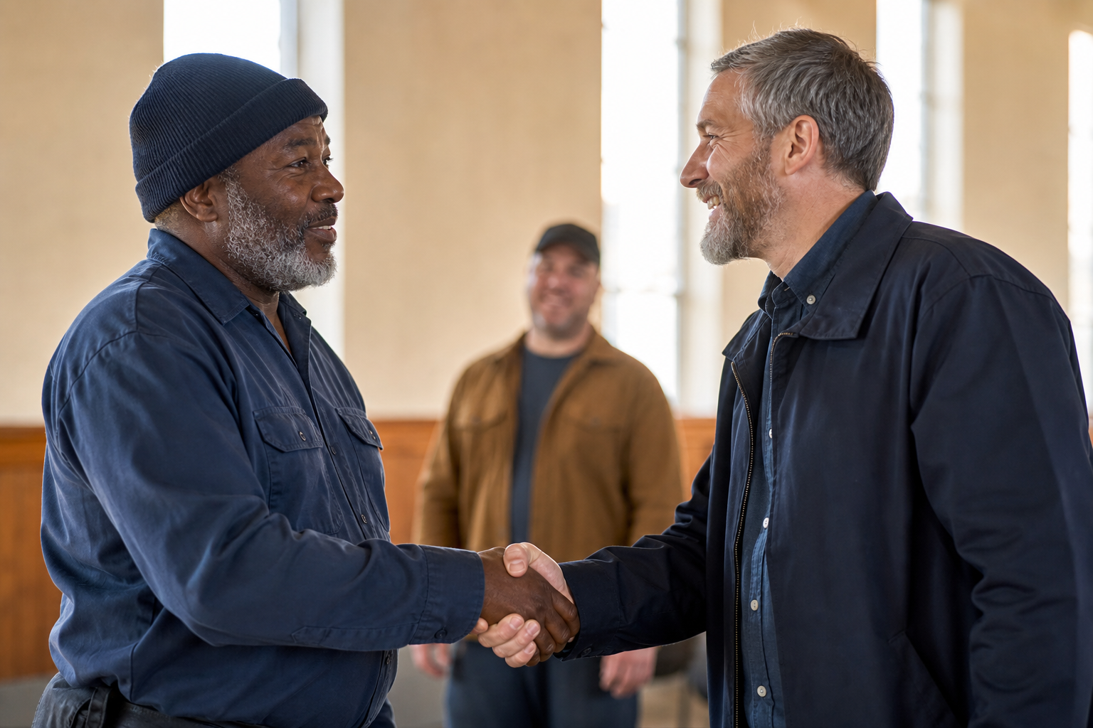 Union members and a leader in genuine conversation, symbolizing trust