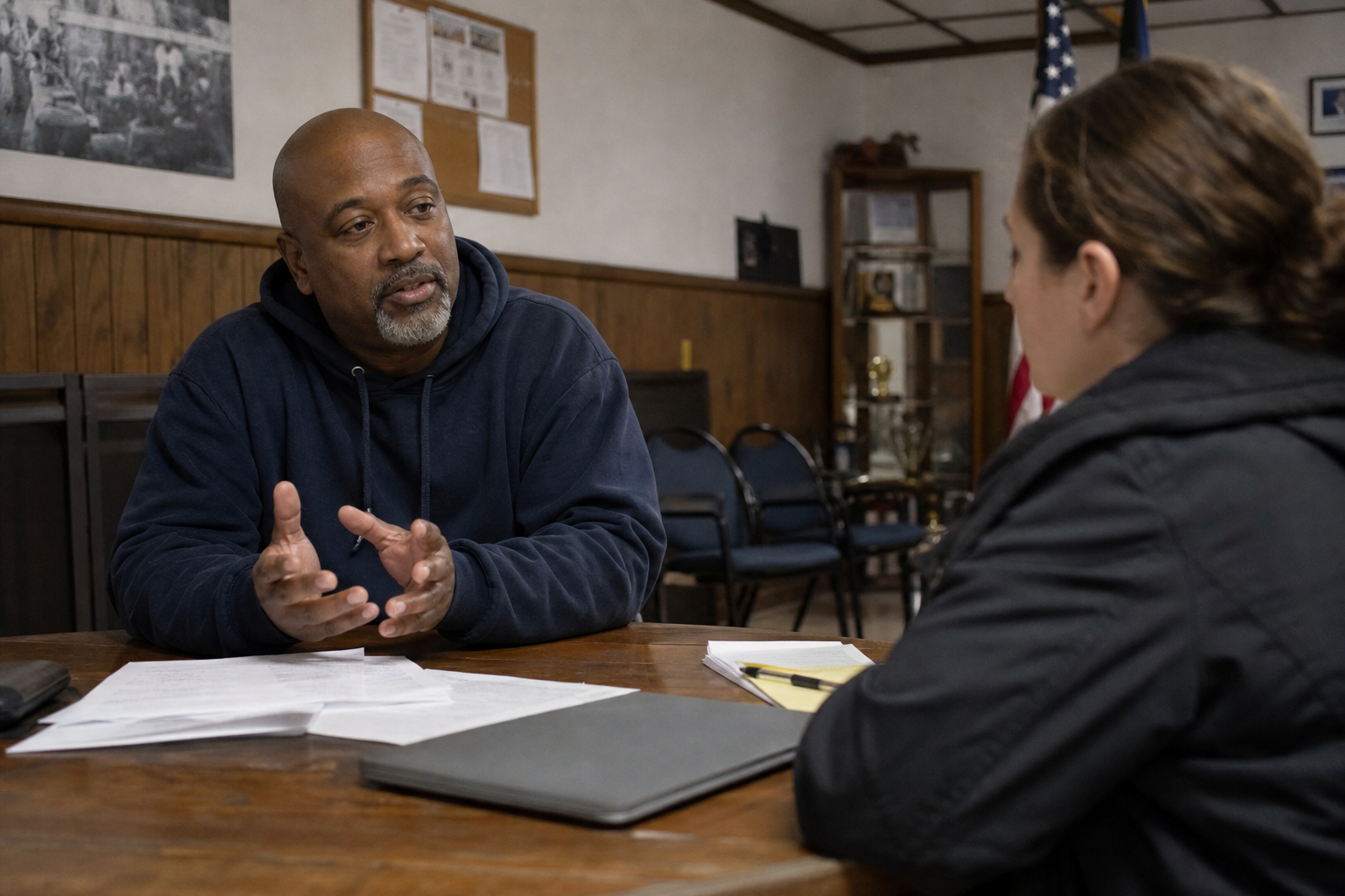 Two people in conversation at a table in a union hall