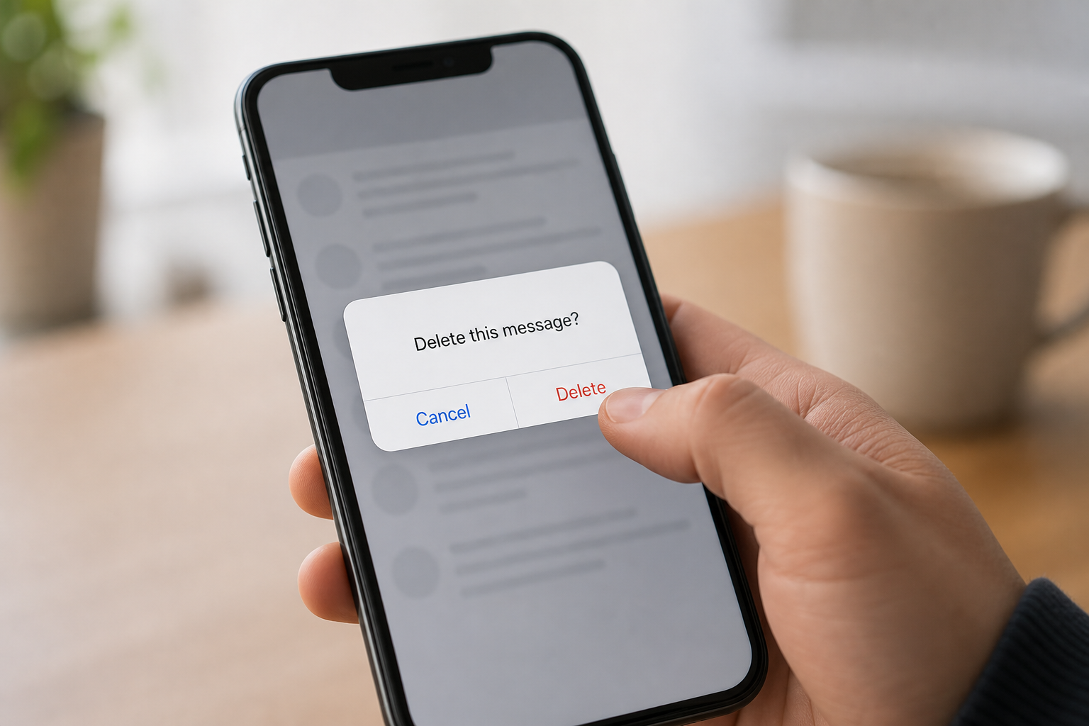 Smartphone showing a 'Delete this message?' confirmation dialog over an inbox
