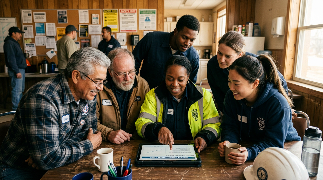 Union workers gathered around a tablet in a job site break room