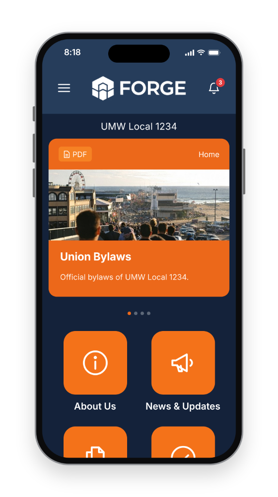 Forge app on a phone, showing a bylaws card and shortcuts for About Us and News and Updates