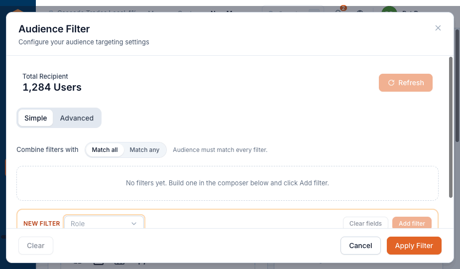 Audience filter with simple and advanced modes and a live count of recipients