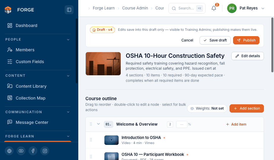 Forge Learn course builder with a draft banner and a course outline of sections and items