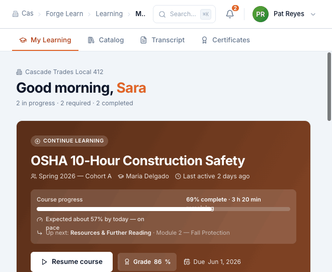 Forge Learn member home showing course progress, required training, and a card to resume a course