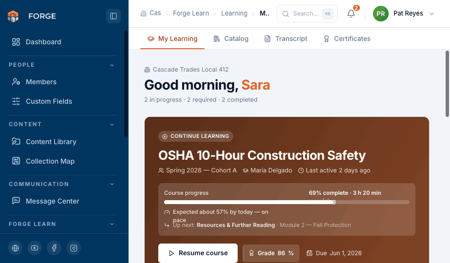 Forge member home showing course progress, required training, and the Forge navigation for people, content, communication, and training
